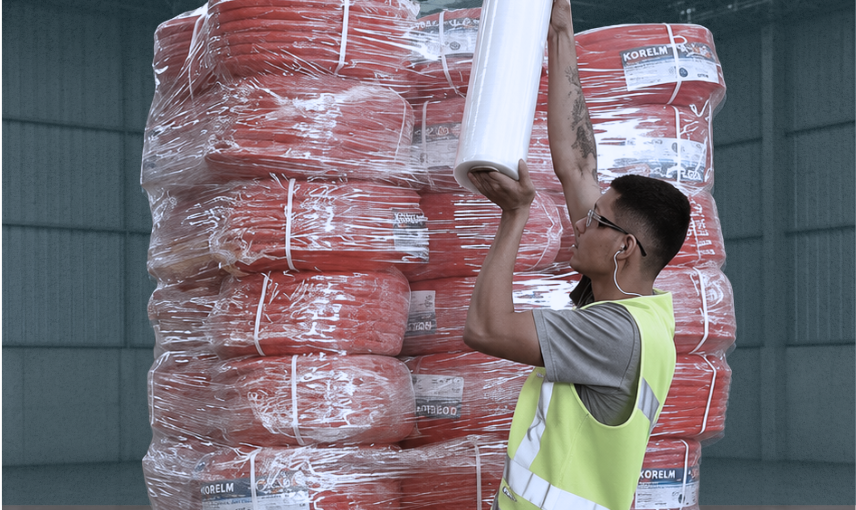 Aplicação manual de filme stretch em pallet para estabilização da carga
